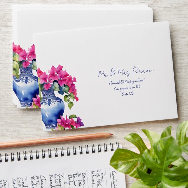 Blue French Tiles Bougainvillea elegant wedding  Envelope (Stacked)