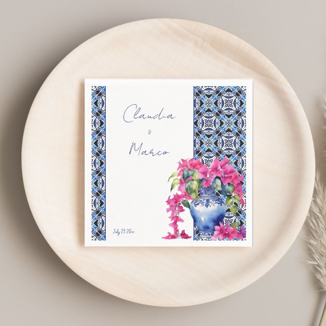 Blue French Tiles Bougainvillea elegant wedding Napkins (Blue French Tiles Bougainvillea elegant wedding printed Napkins template personalized tableware deco)