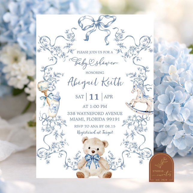  Blue French Toile Baby Shower Boy Invitation (Creator Uploaded)
