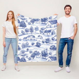 Blue French Toile Countryside Pattern Fleece Blanket