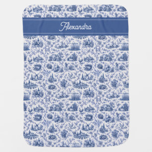 Blue French Toile Countryside Rose Branch Name Baby Blanket