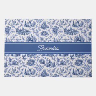 Blue French Toile Countryside Rose Branch Name Doormat