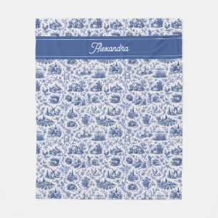 Blue French Toile Countryside Rose Branch Name Fleece Blanket