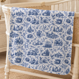 Blue French Toile Countryside Rose Branch Pattern Baby Blanket