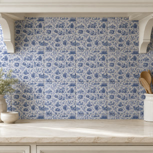 Blue French Toile Countryside Rose Branch Pattern Ceramic Tile