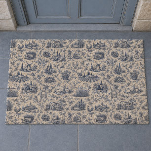 Blue French Toile Countryside Rose Branch Pattern Fiber Doormat