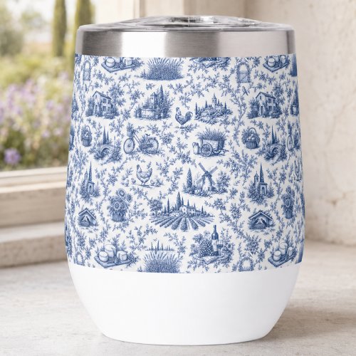 Blue French Toile Countryside Rose Branch Pattern Thermal Wine Tumbler