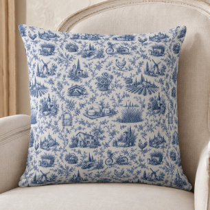 Blue French Toile Countryside Rose Branch Pattern Throw Pillow