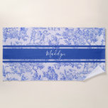 Blue French Toile Custom Name Beach Towel<br><div class="desc">Classic elegance meets seaside charm in this blue French toile design, perfect for summer days by the shore. A broad central stripe flanked by two narrower ones offers a graceful space to personalize with your name or monogram, creating a timeless accessory that’s uniquely yours. Inspired by vintage French textiles, this...</div>