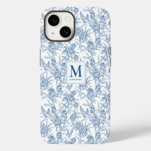 Blue French Toile de Jouy Floral Pattern Monogram iPhone 14 Case