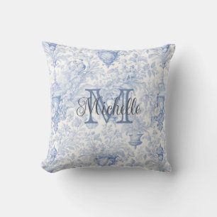 Blue French Toile de Jouy Monogram Initial Name Throw Pillow