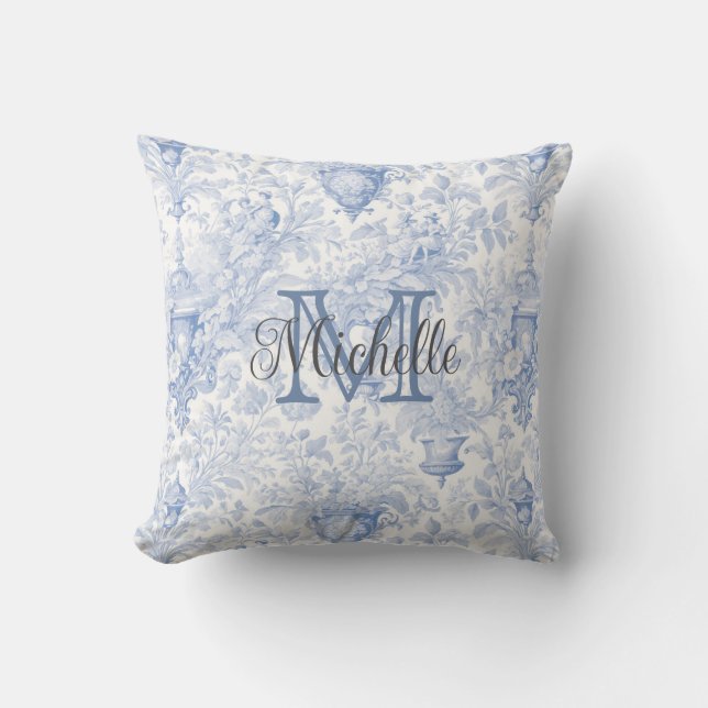 Blue French Toile de Jouy Monogram Initial Name Throw Pillow (Front)