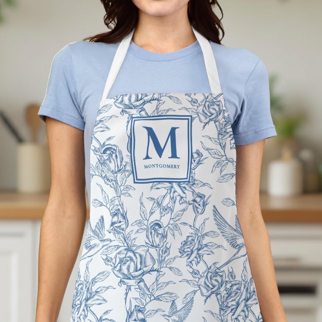 Blue French Toile de Jouy Monogram Name Apron (Creator Uploaded)