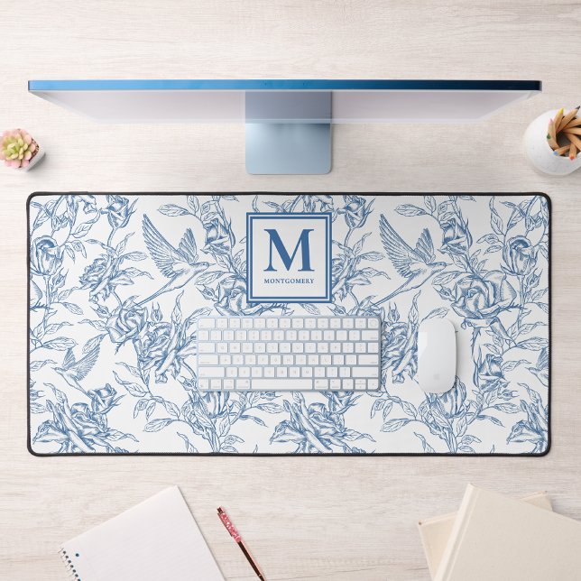 Blue French Toile de Jouy Monogram Name Desk Mat (Creator Uploaded)