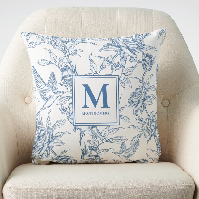 Blue French Toile de Jouy Monogram Name Throw Pillow (Creator Uploaded)