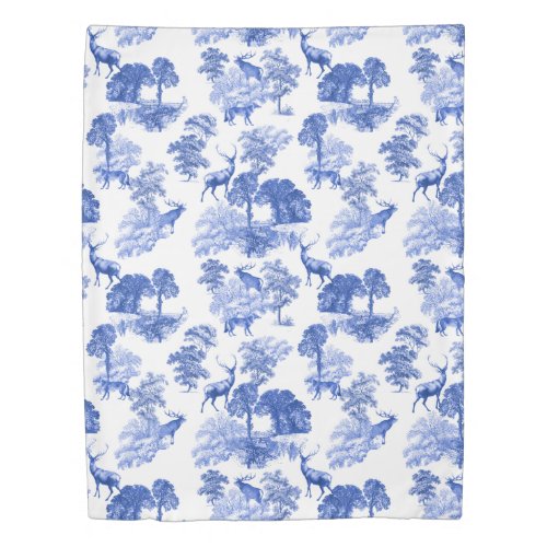 Blue French Toile Deer Fox Forest Pattern Duvet Cover