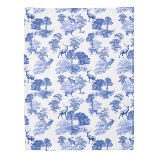 Blue French Toile Deer Fox Forest Pattern Duvet Cover (Front)