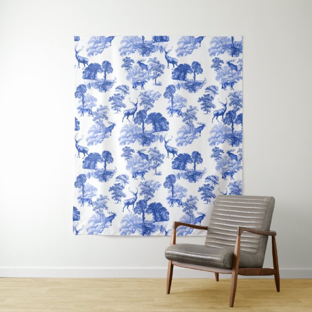 Blue French Toile Deer Fox Forest Pattern Tapestry (In Situ)