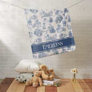 Blue French Toile Dog Monogram Nursery Baby Blanket