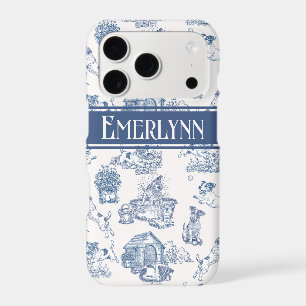 Blue French Toile Dog Monogram Style iPhone 17 Pro Case