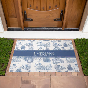 Blue French Toile Dog Monogram Welcome Doormat