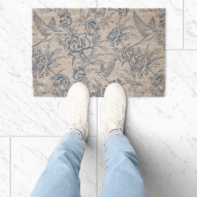 Blue French Toile Fiber Doormat (Insitu)