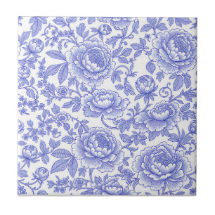 Blue French Toile Floral Pattern Ceramic Tile