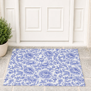 Blue French Toile Floral Pattern Doormat