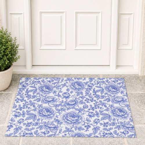 Blue French Toile Floral Pattern Doormat