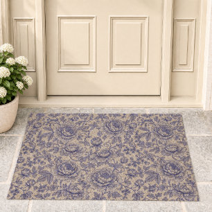 Blue French Toile Floral Pattern Fiber Doormat