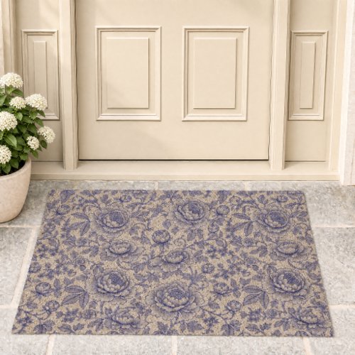 Blue French Toile Floral Pattern Fiber Doormat
