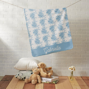 Blue French Toile Floral Pattern Name Baby Blanket