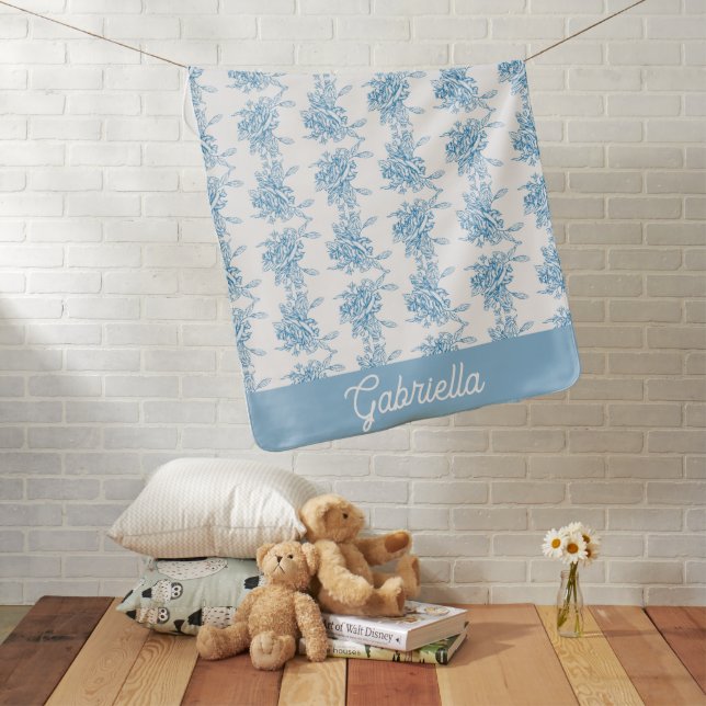 Blue French Toile Floral Pattern Name Baby Blanket (In Situ)