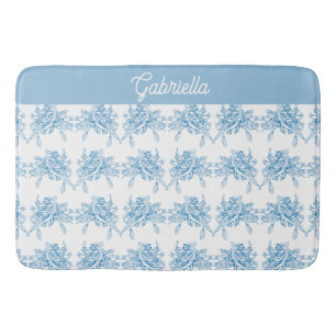 Blue French Toile Floral Pattern Name Bath Mat