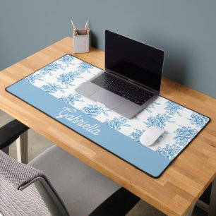 Blue French Toile Floral Pattern Name Desk Mat
