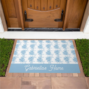 Blue French Toile Floral Pattern Name Doormat
