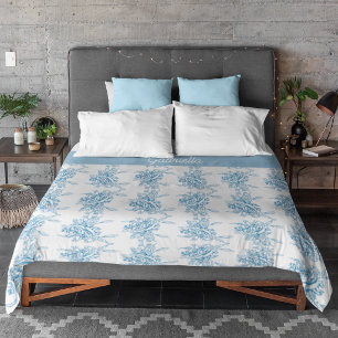 Blue French Toile Floral Pattern Name Duvet Cover