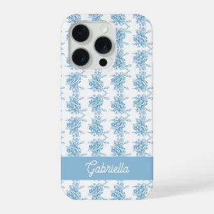 Blue French Toile Floral Pattern Name iPhone 15 Pro Case