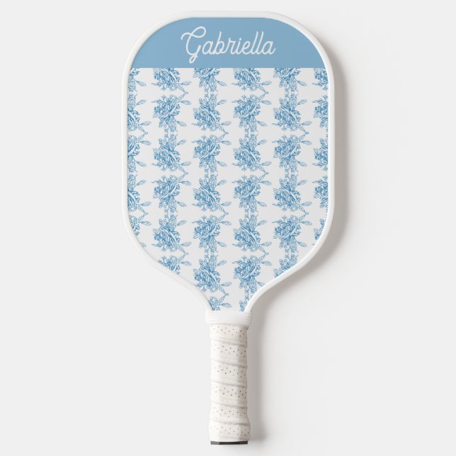 Blue French Toile Floral Pattern Name Pickleball Paddle (Front)