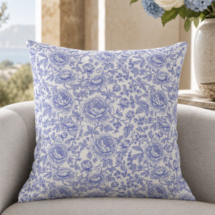Blue French Toile Floral Pattern Throw Pillow