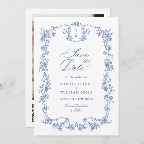 Blue French Toile Garden QR code Photo Wedding Save The Date