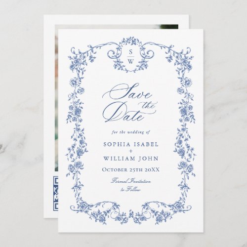 Blue French Toile Garden QR code Photo Wedding Save The Date