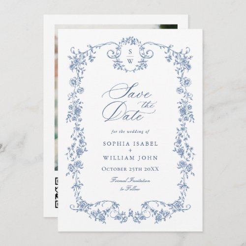 Blue French Toile Garden QR code Photo Wedding Save The Date