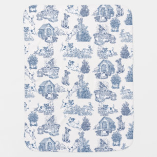 Blue French Toile Jack Russell Nursery Baby Blanket