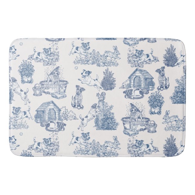 Blue French Toile Jack Russell Pattern Bath Mat (Front)