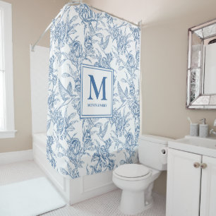 Blue French Toile Monogram Shower Curtain