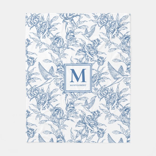 Blue French Toile Name Fleece Blanket (Front)
