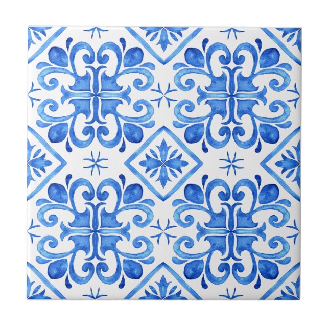 Blue French Toile Pattern Ceramic Tile (Front)
