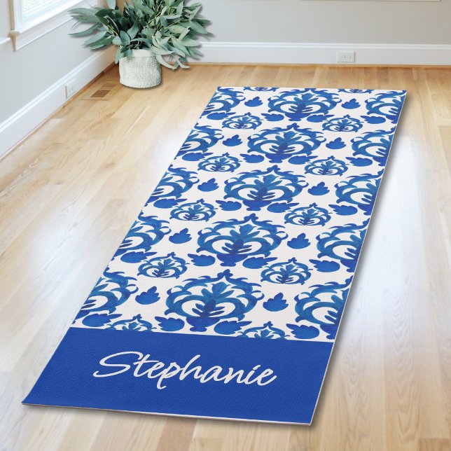 Blue French Toile Pattern Custom Name Yoga Mat (Creator Uploaded)