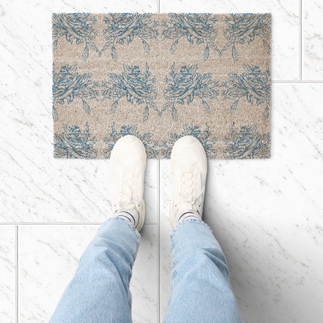 Blue French Toile Pattern Fiber Doormat (Insitu)